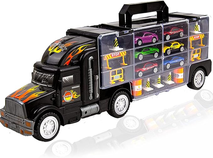 Camión Transportador de Carros con cabina desmontable - Con espacio para 28 carros🎁GRATIS 6 mini carros en metal y señales de transito para los compartimientos