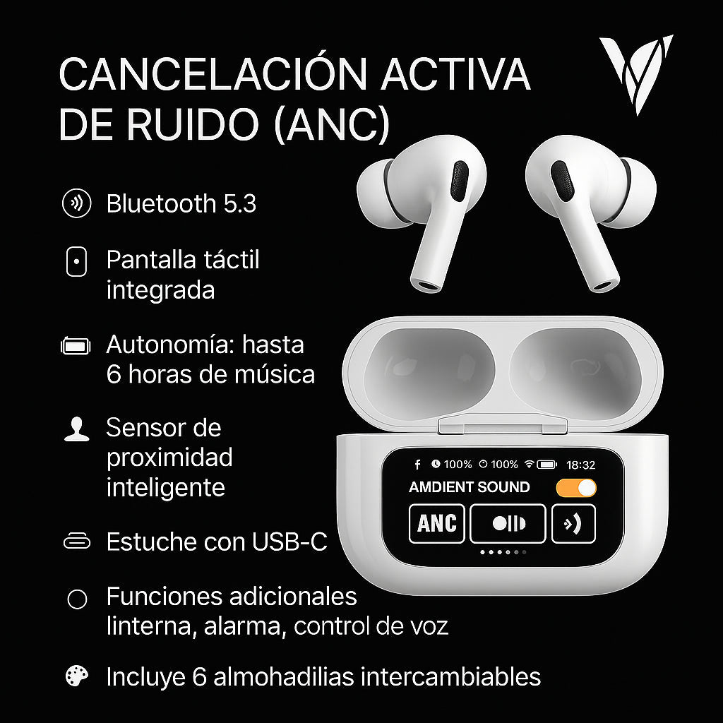 Audífonos inalámbricos tipo Airpods 2 Pro Gen con pantalla táctil - Compatible con Android y iPhone