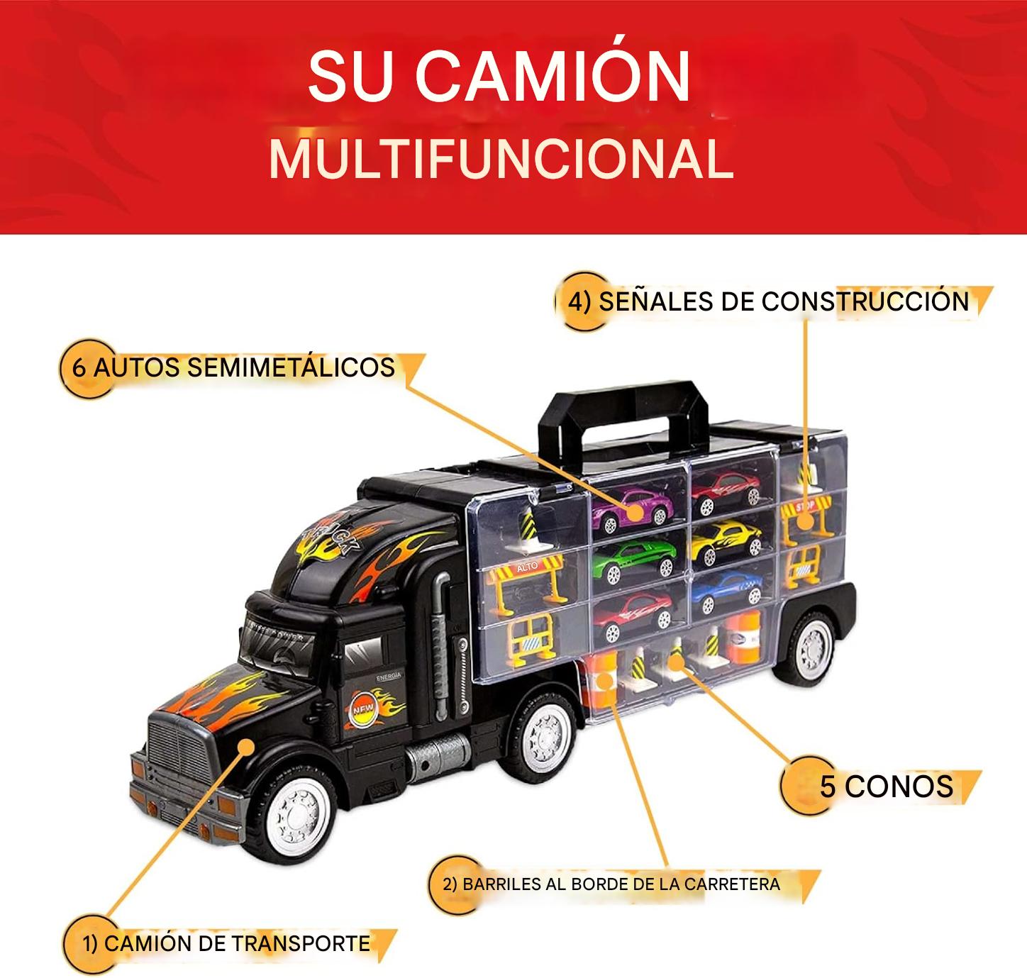 Camión Transportador de Carros con cabina desmontable - Con espacio para 28 carros🎁GRATIS 6 mini carros en metal y señales de transito para los compartimientos