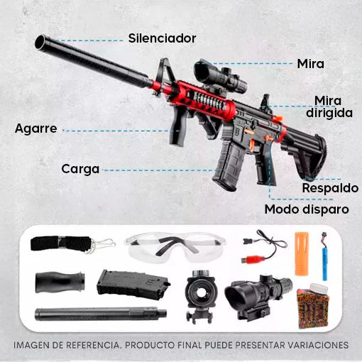 Rifle Lanzador de Hidrogel M416 con linterna y alcance de 15m- INCLUYE municiones, silenciador, batería y ACCESORIOS 🎁HOY 30%DCTO