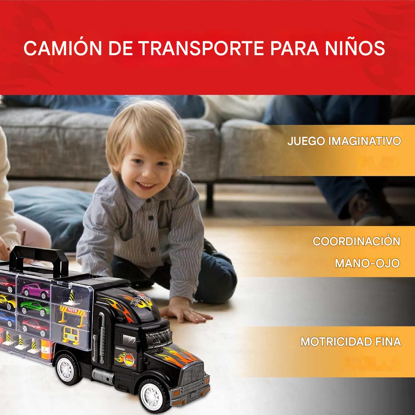Camión Transportador de Carros con cabina desmontable - Con espacio para 28 carros🎁GRATIS 6 mini carros en metal y señales de transito para los compartimientos