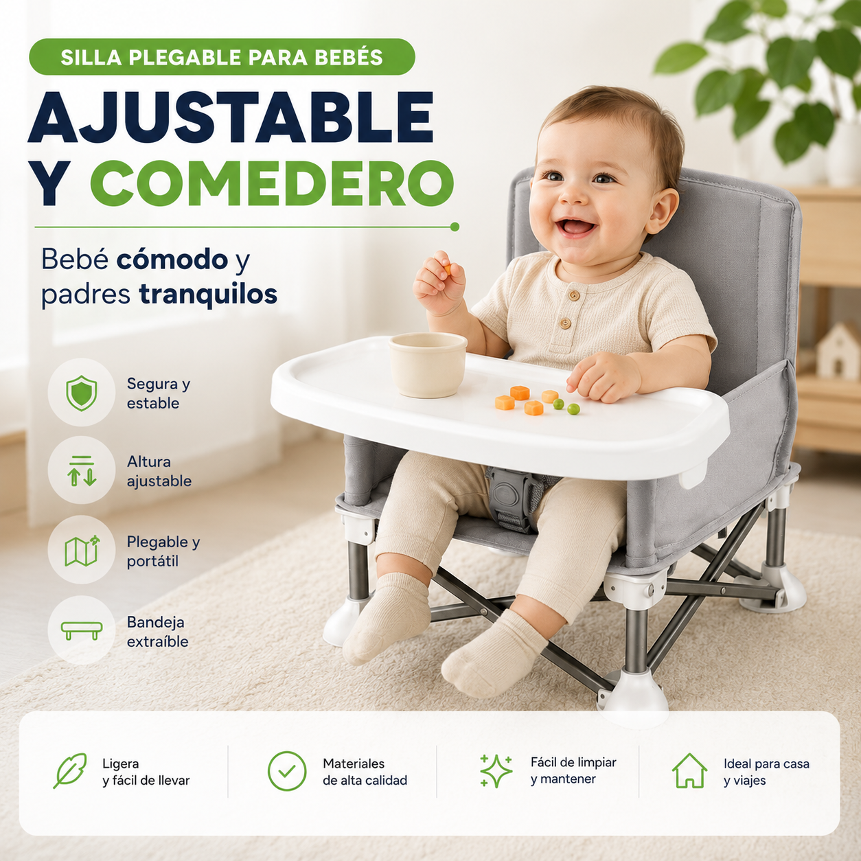 Silla plegable para bebés ajustable y comedero - Bebé cómodo y padres tranquilos