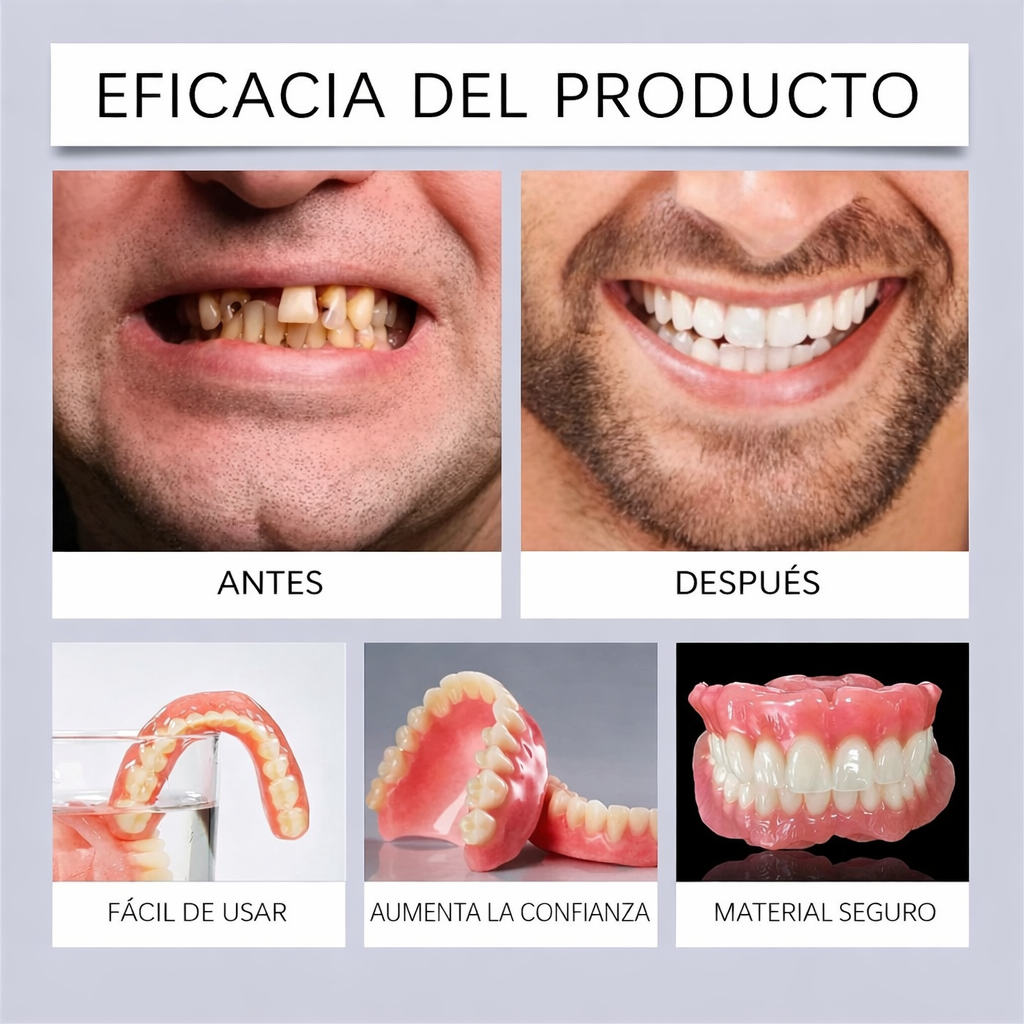 Prótesis dental realista en silicona quirúrgica (INCLUYE parte superior e inferior) - La puedes adaptar a tu dentadura