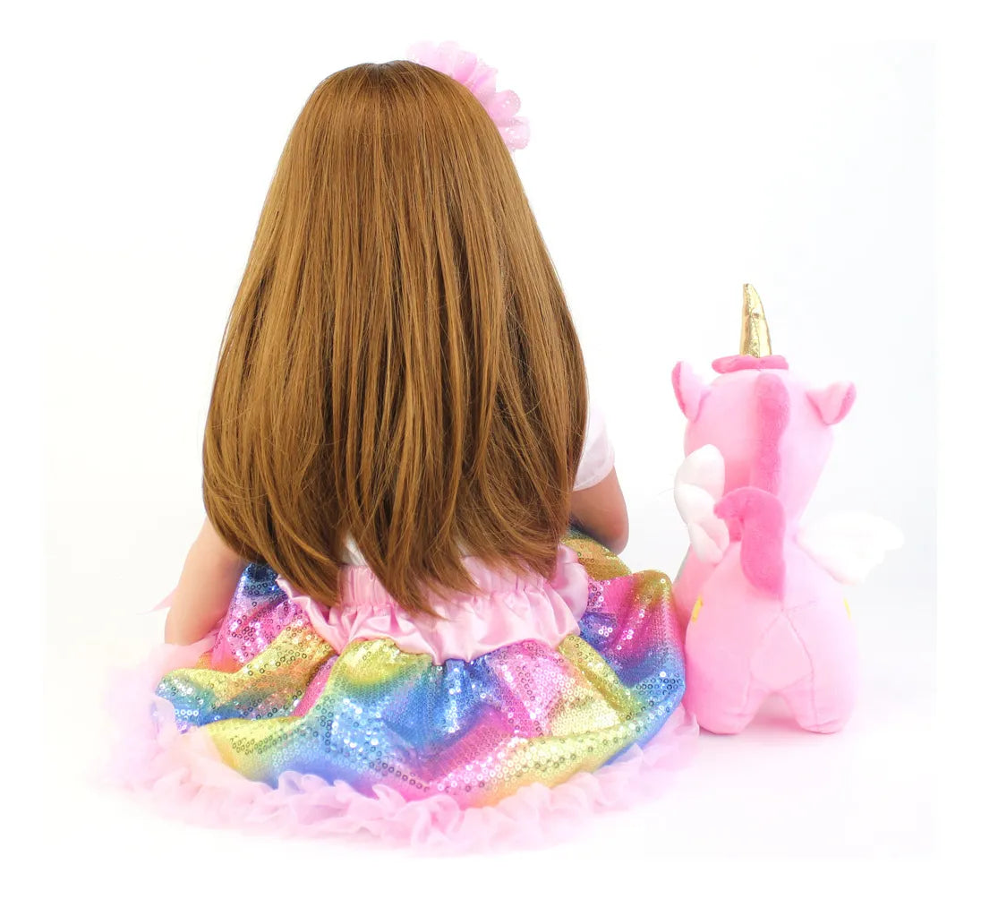 Muñeca realista de 60cms con unicornio y cabello largo implantado a mano🎁GRATIS accesorios