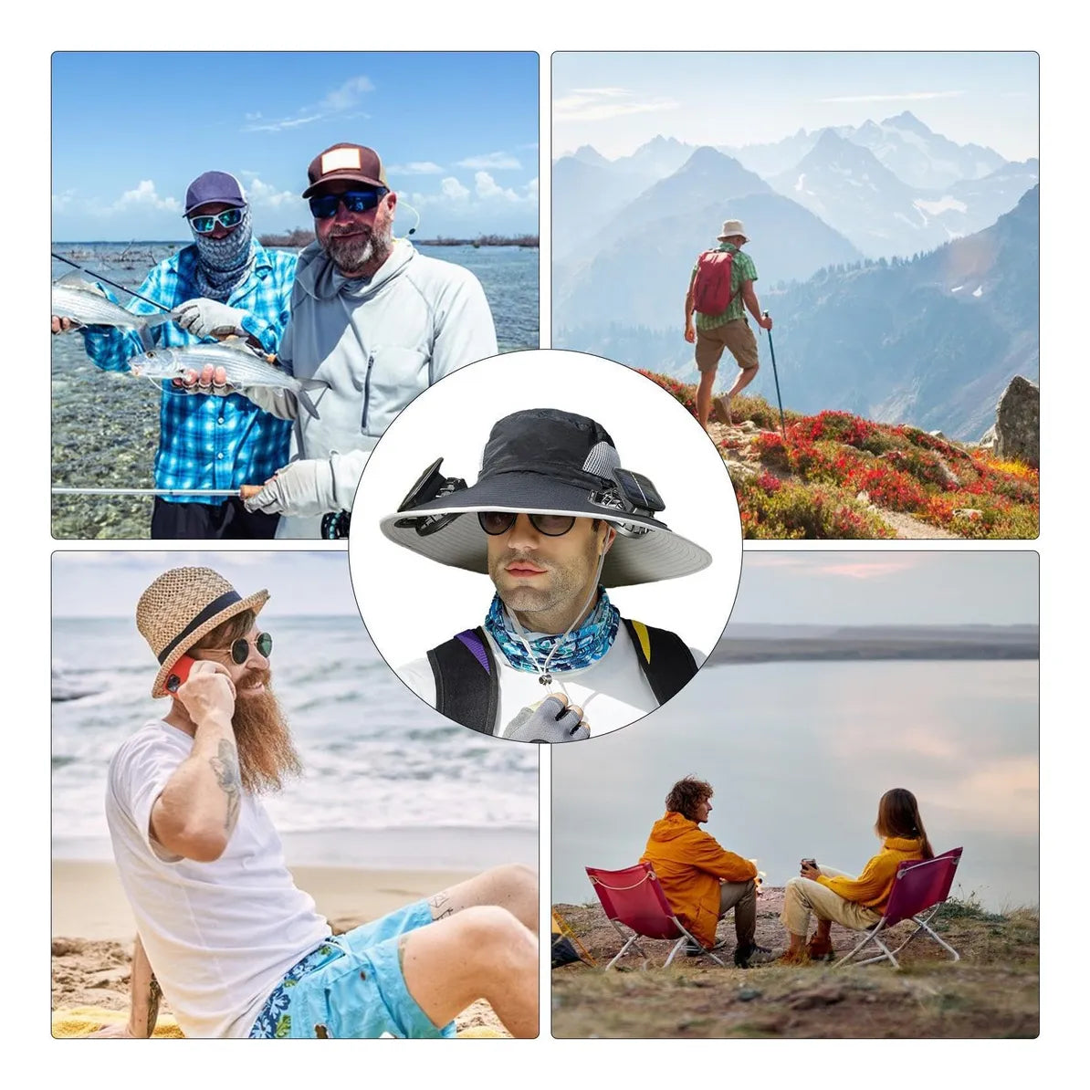 Sombrero de ala ancha con 2 ventiladores integrados - Protege del sol y refresca del calor