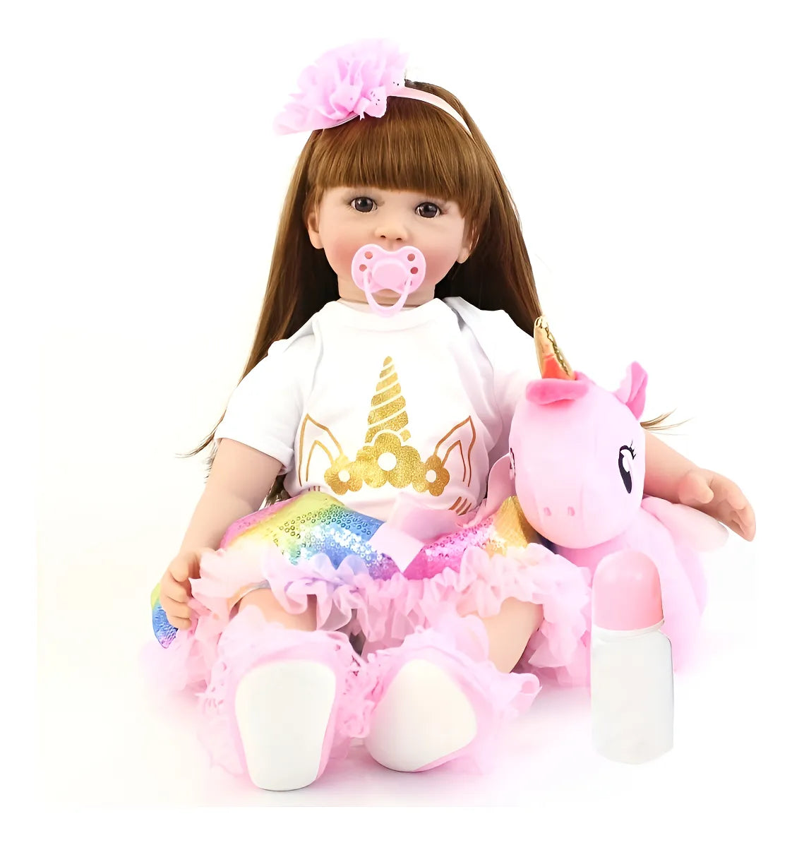 Muñeca realista de 60cms con unicornio y cabello largo implantado a mano🎁GRATIS accesorios