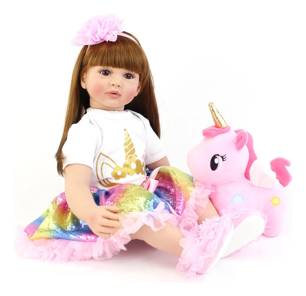 Muñeca realista de 60cms con unicornio y cabello largo implantado a mano🎁GRATIS accesorios