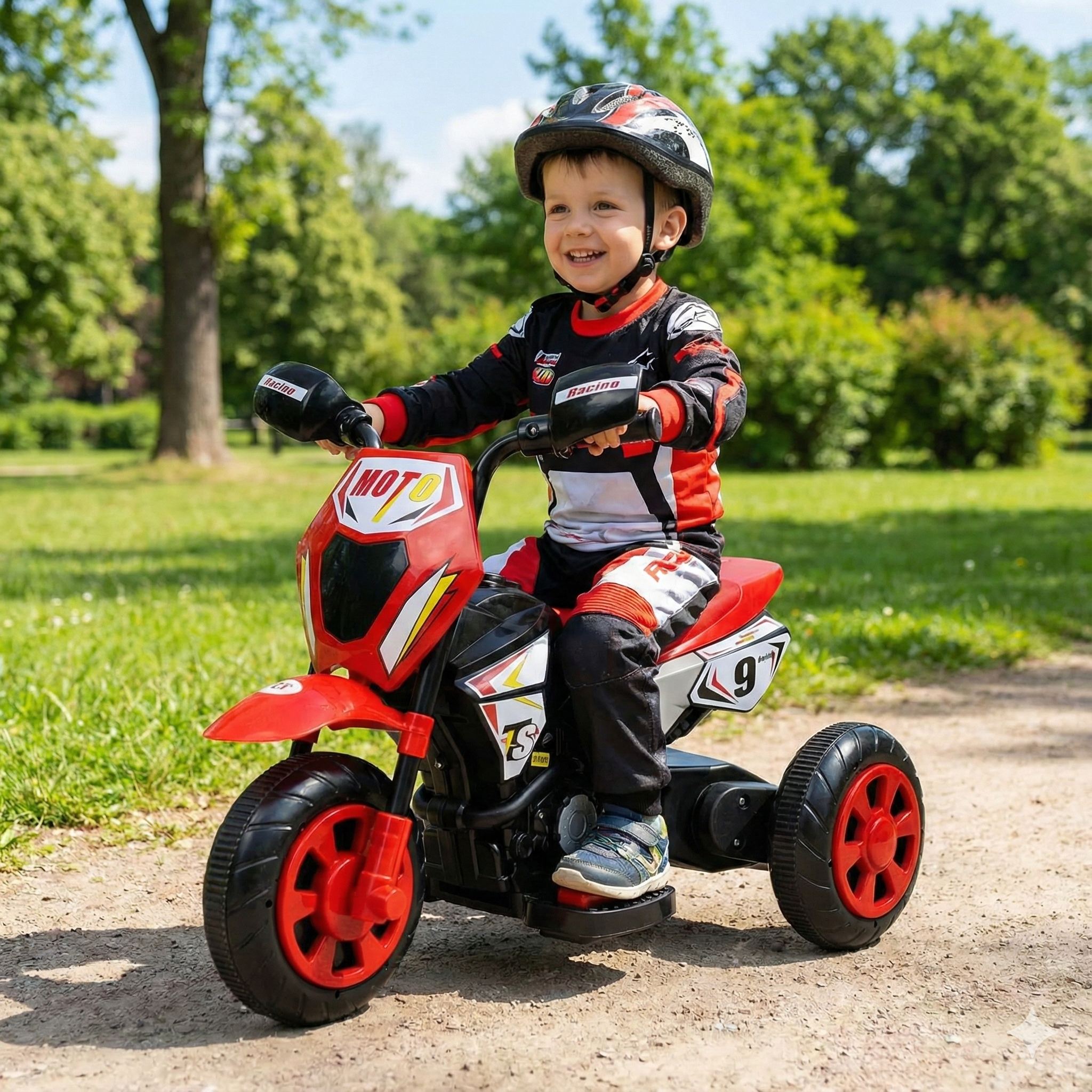 Moto eléctrica de 3 ruedas estilo motocross para niños de 1 a 3 años - Con sonidos, luces y batería recargable