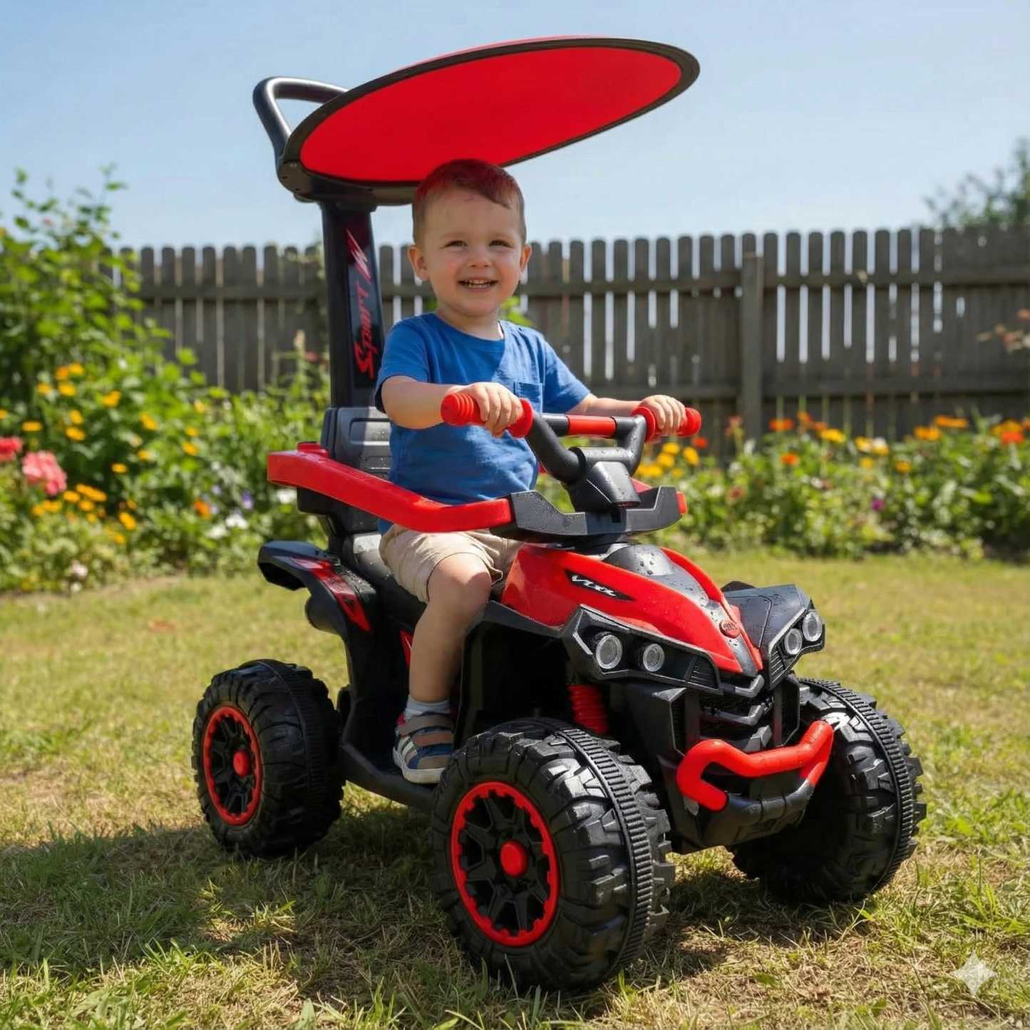 Cuatrimoto eléctrica con techo para niños de 1 a 3 años - El techo es desmontable y su batería recargable.
