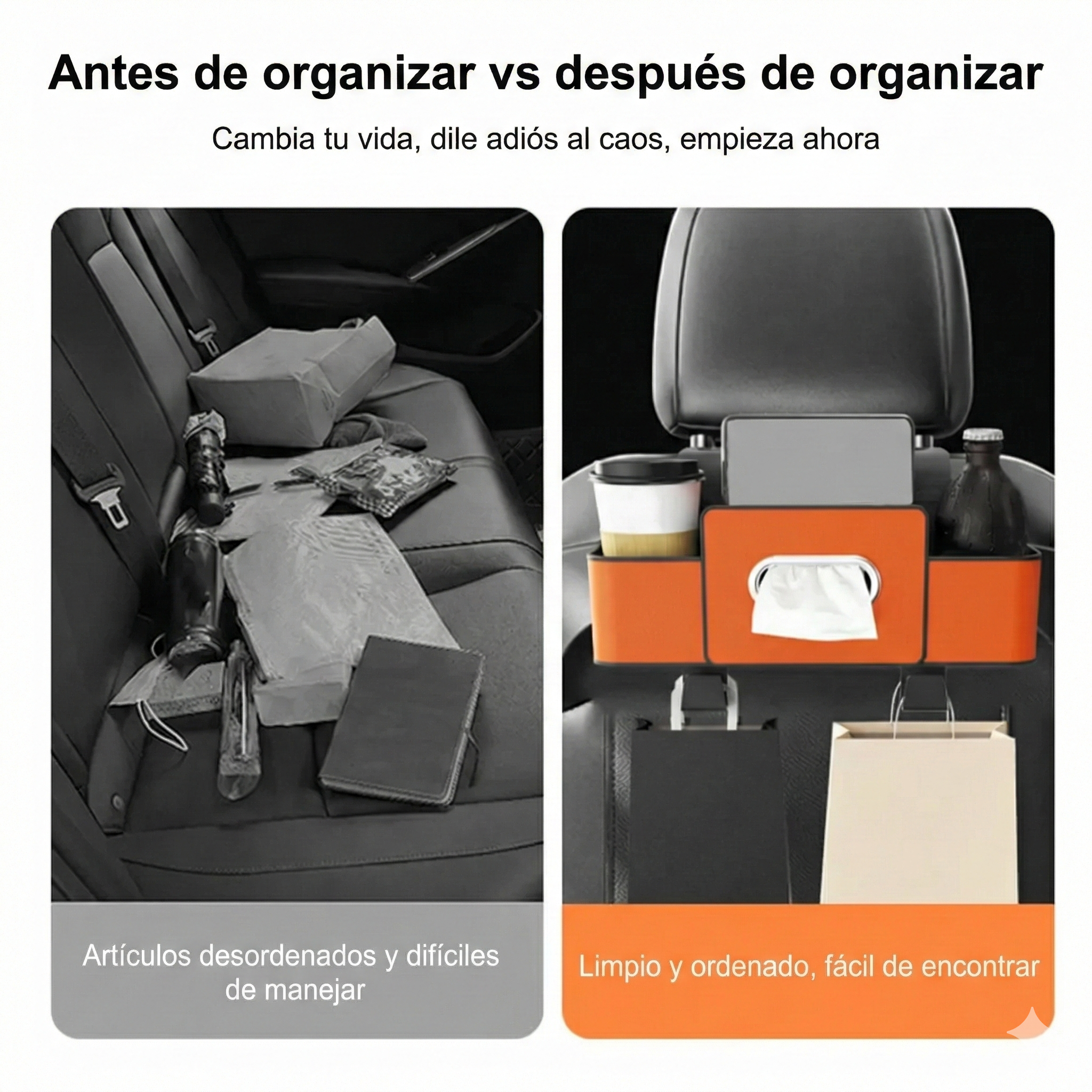 Organizador multifuncional para asientos traseros de carros - Evita regueros y desorden