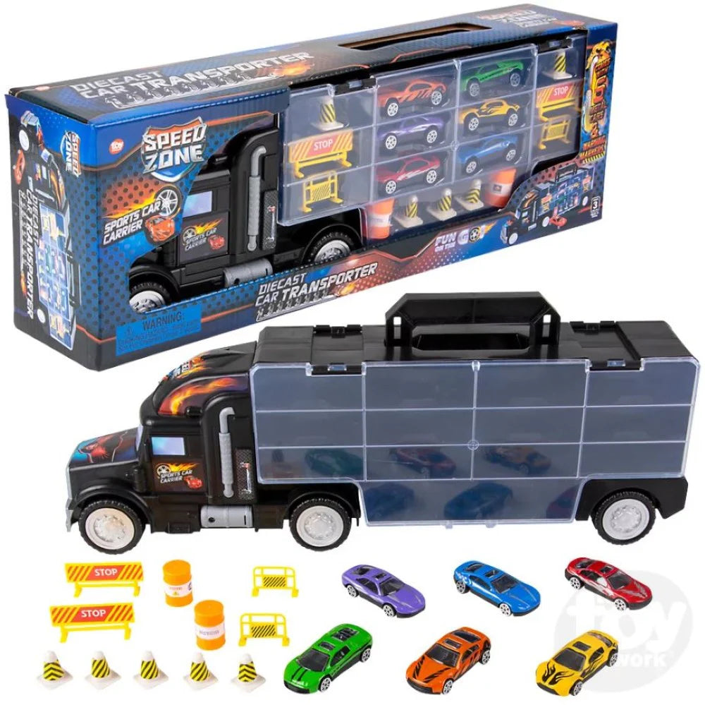 Camión Transportador de Carros con cabina desmontable - Con espacio para 28 carros🎁GRATIS 6 mini carros en metal y señales de transito para los compartimientos