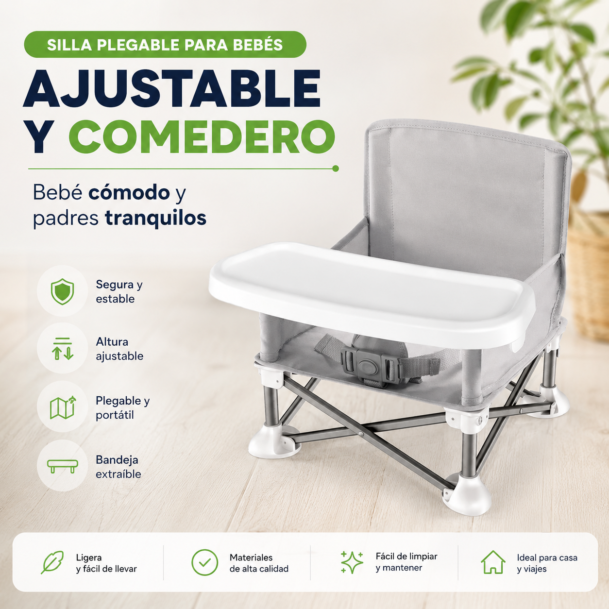 Silla plegable para bebés ajustable y comedero - Bebé cómodo y padres tranquilos