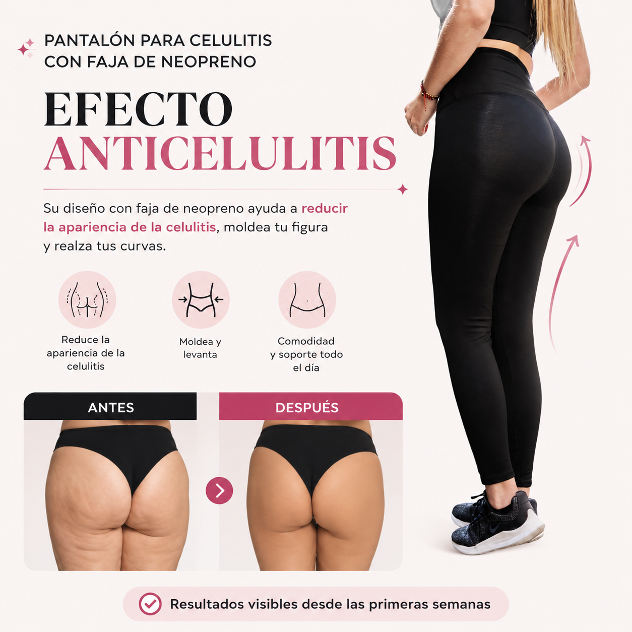 Pantalón negro efecto anticelulitis con faja en neopreno y efecto levanta cola